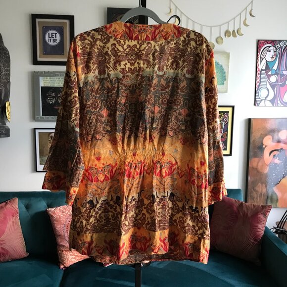 STYLE & CO size 14 Orange & Gold Paisley Boho Embellished Peasant Top Tunic - Picture 3 of 5